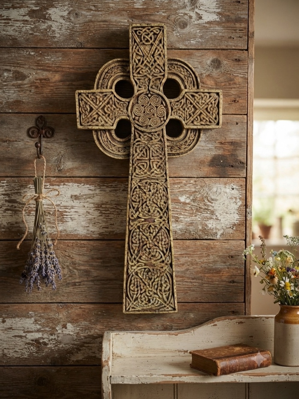 Rustic Muthill Celtic Cross plaque- Decorative Brown Home Wall Decor